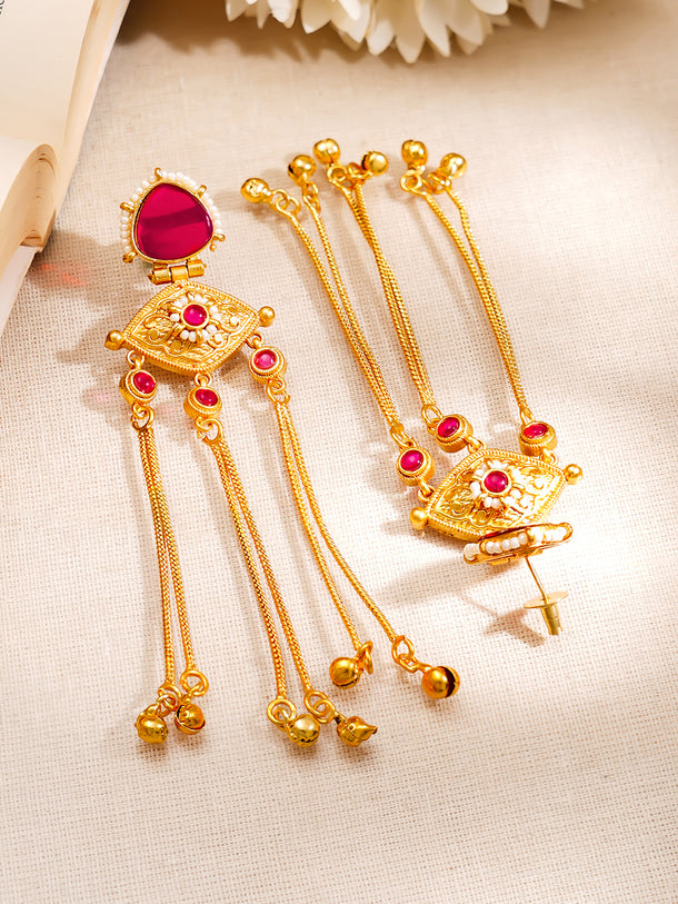 Gold-Plated Ruby Kashmiri Chain Dangler Earrings