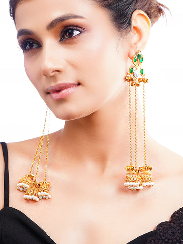 Gold-Plated Green Kundan Chain Tassel Kashmiri Jhumka Earrings