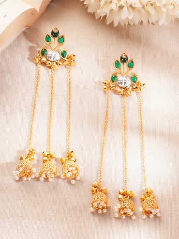 Gold-Plated Green Kundan Chain Tassel Kashmiri Jhumka Earrings