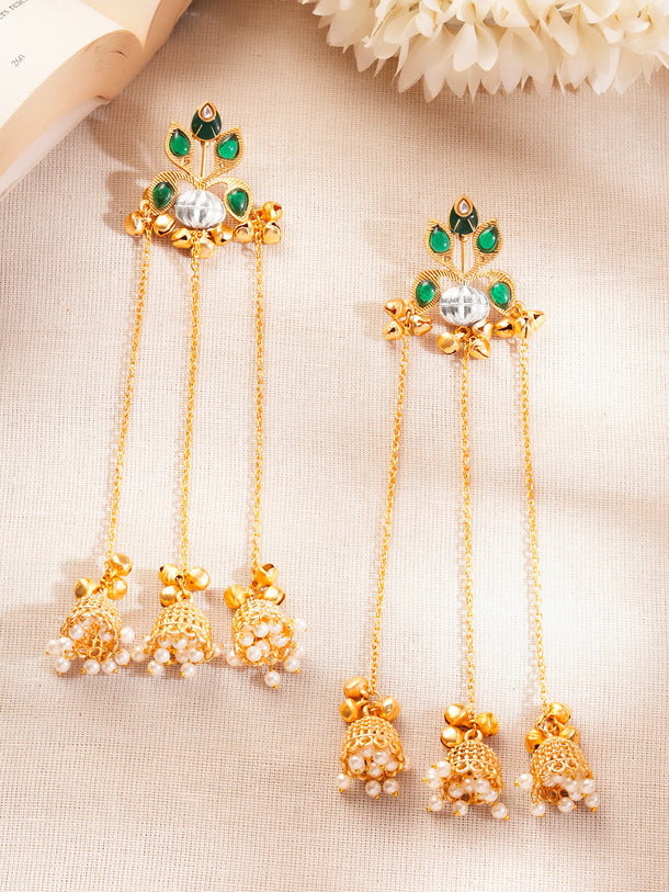 Gold-Plated Green Kundan Chain Tassel Kashmiri Jhumka Earrings