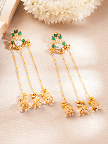 Gold-Plated Green Kundan Chain Tassel Kashmiri Jhumka Earrings