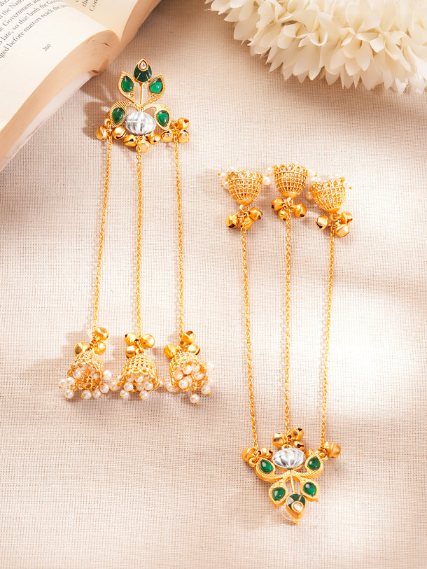 Gold-Plated Green Kundan Chain Tassel Kashmiri Jhumka Earrings