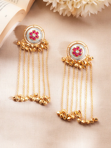 Gold-Plated Ruby Kashmiri Chain Tassel Dangler Earrings
