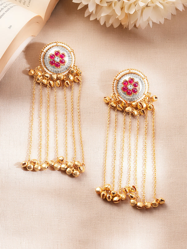 Gold-Plated Ruby Kashmiri Chain Tassel Dangler Earrings