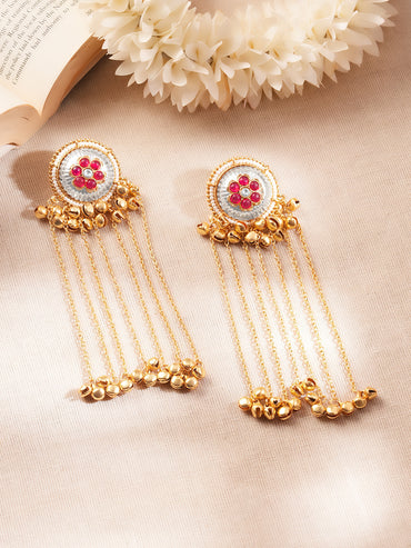 Gold-Plated Ruby Kashmiri Chain Tassel Dangler Earrings