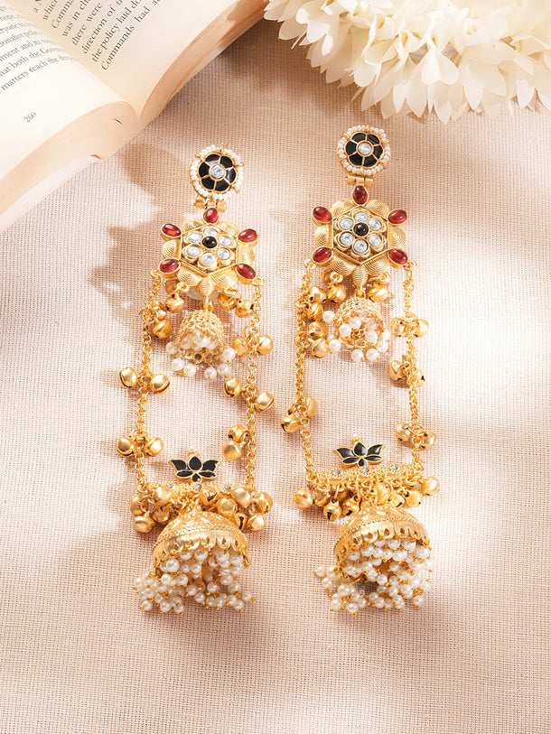 Gold-Plated Multicolor Pearl Jhumka Kashmiri Statement Earrings