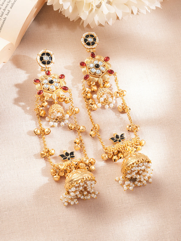 Gold-Plated Multicolor Pearl Jhumka Kashmiri Statement Earrings