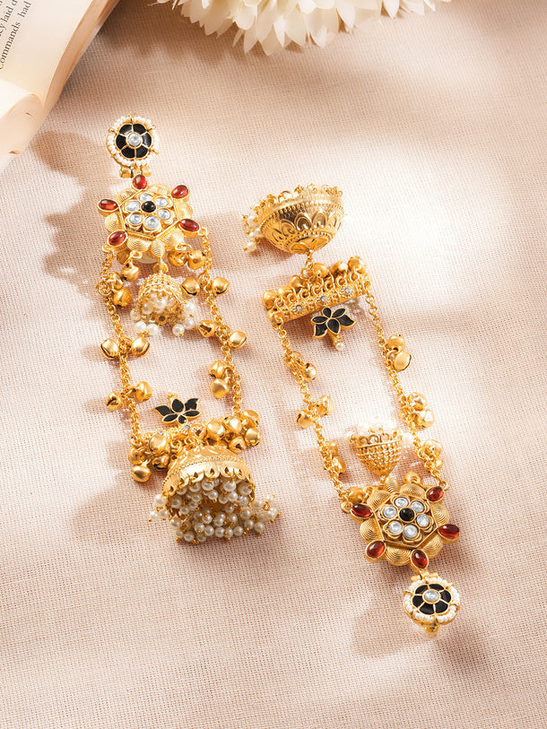 Gold-Plated Multicolor Pearl Jhumka Kashmiri Statement Earrings