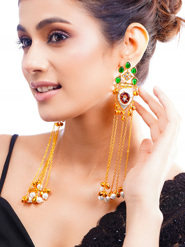 Gold-Plated Kashmiri Chain Dangler Earrings with Pearl Accents