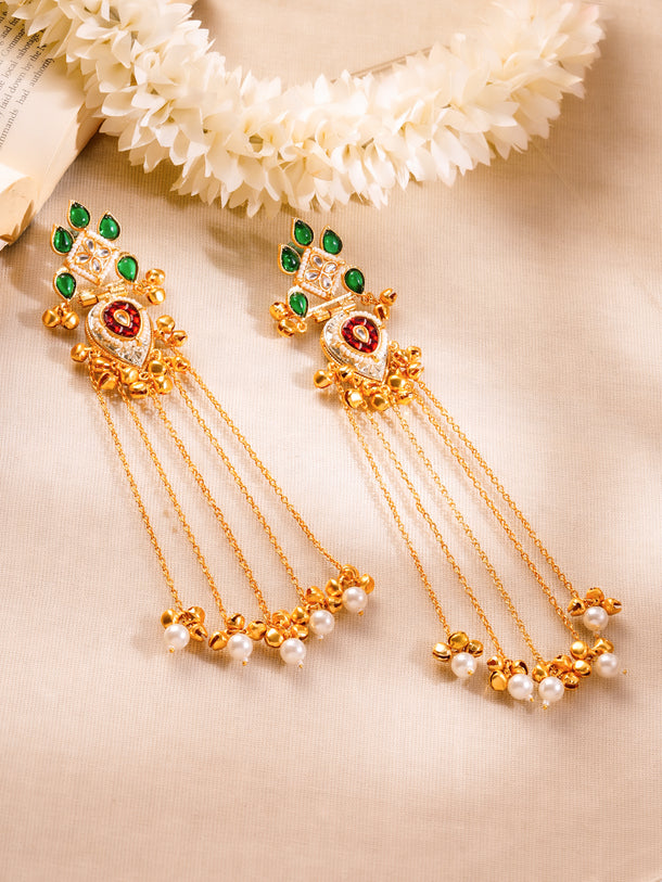Gold-Plated Kashmiri Chain Dangler Earrings with Pearl Accents