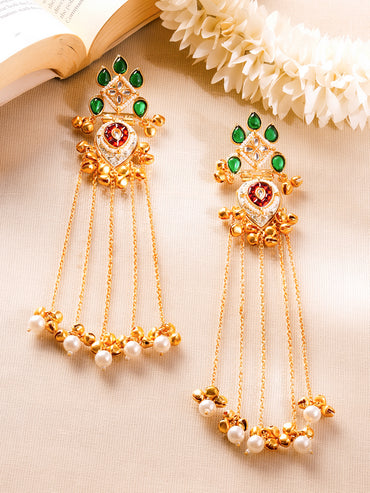 Gold-Plated Kashmiri Chain Dangler Earrings with Pearl Accents