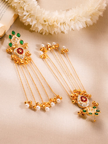 Gold-Plated Kashmiri Chain Dangler Earrings with Pearl Accents