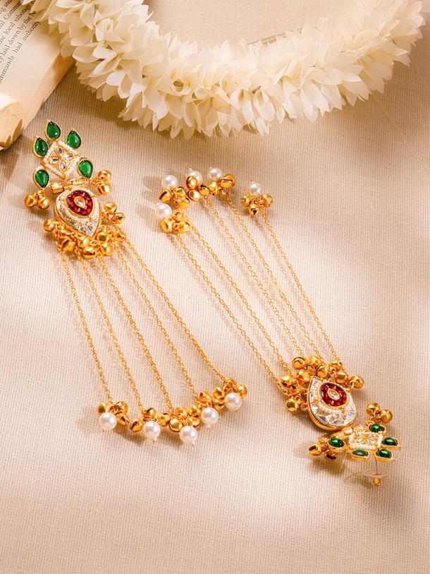 Gold-Plated Kashmiri Chain Dangler Earrings with Pearl Accents