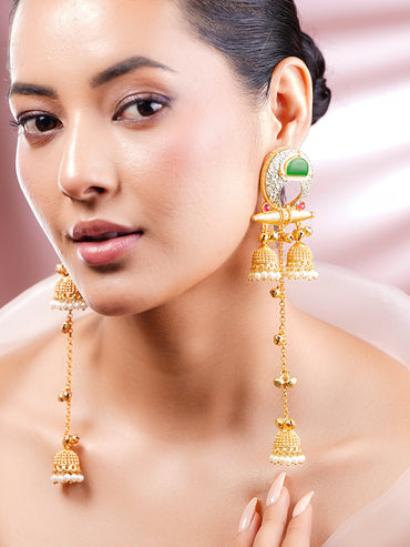 Gold Plated Pearl & Ghungroo Beaded Kundan Kashmiri Dangler Earrings