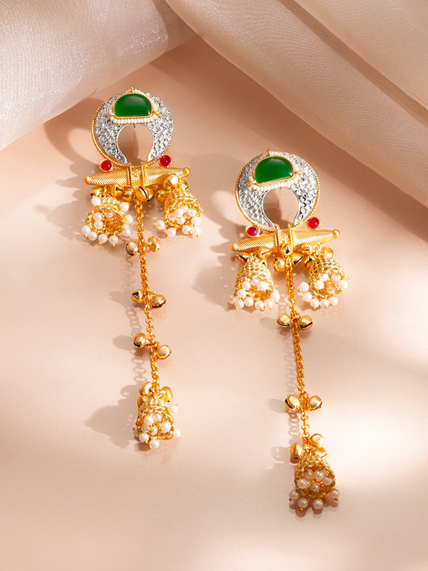 Gold Plated Pearl & Ghungroo Beaded Kundan Kashmiri Dangler Earrings
