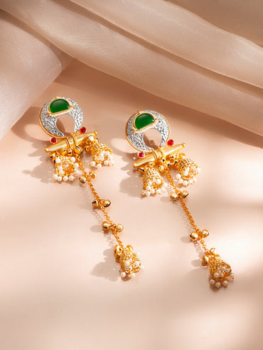 Gold Plated Pearl & Ghungroo Beaded Kundan Kashmiri Dangler Earrings