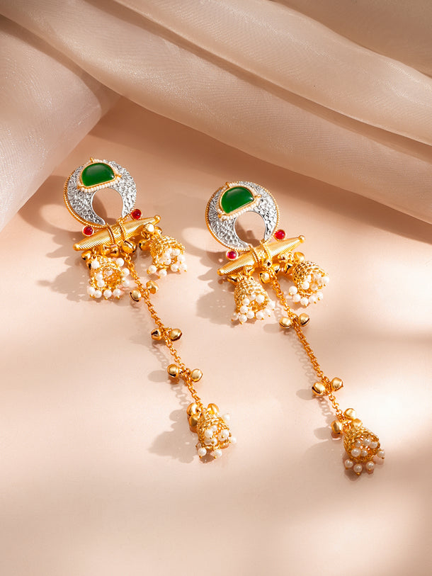 Gold Plated Pearl & Ghungroo Beaded Kundan Kashmiri Dangler Earrings