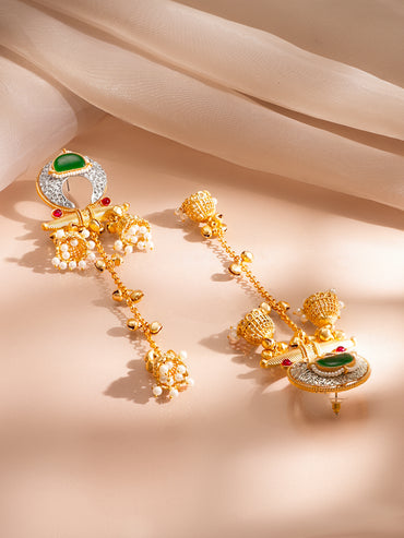 Gold Plated Pearl & Ghungroo Beaded Kundan Kashmiri Dangler Earrings