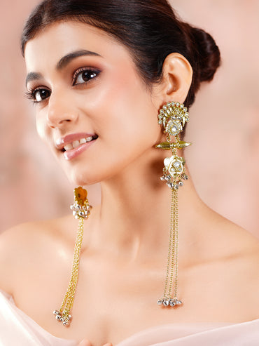 Gold Plated Kundan Pearl Long Tassel Earrings