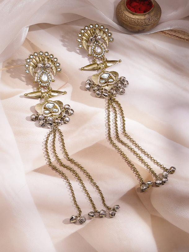 Gold Plated Kundan Pearl Long Tassel Earrings
