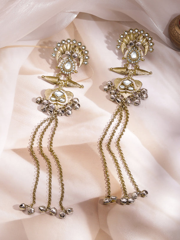 Gold Plated Kundan Pearl Long Tassel Earrings