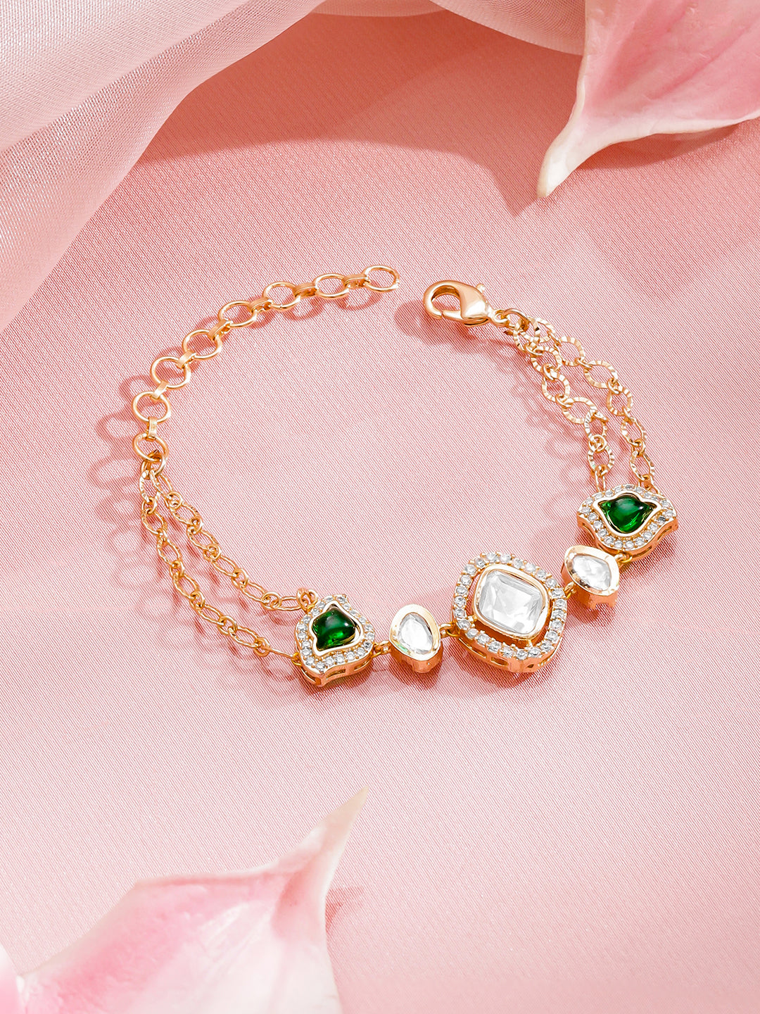Rubans 18K Gold-Plated Brass Emerald Green & White Kundan-CZ Dual Chain Bracelet