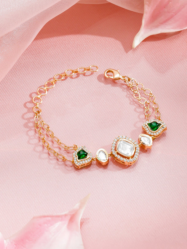 Rubans 18K Gold-Plated Brass Emerald Green & White Kundan-CZ Dual Chain Bracelet