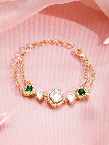 Rubans 18K Gold-Plated Brass Emerald Green & White Kundan-CZ Dual Chain Bracelet