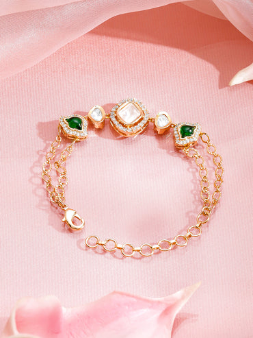 Rubans 18K Gold-Plated Brass Emerald Green & White Kundan-CZ Dual Chain Bracelet