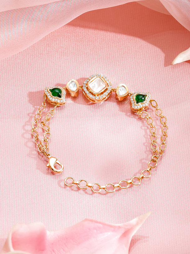 Rubans 18K Gold-Plated Brass Emerald Green & White Kundan-CZ Dual Chain Bracelet