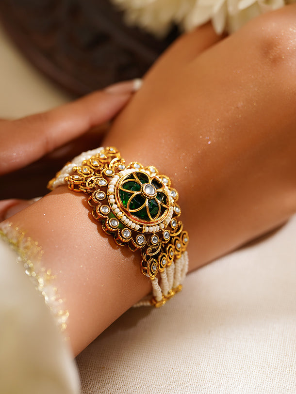 Gold Plated Pearl Beaded Kundan Emerald Floral Bracelet
