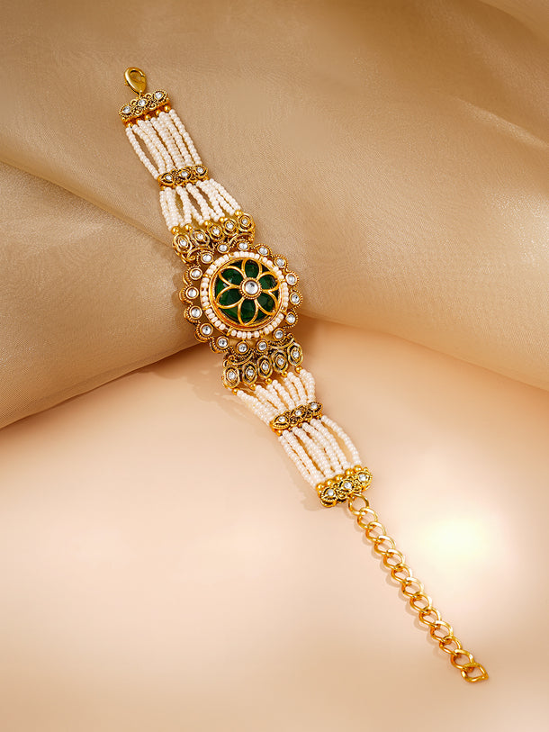 Gold Plated Pearl Beaded Kundan Emerald Floral Bracelet