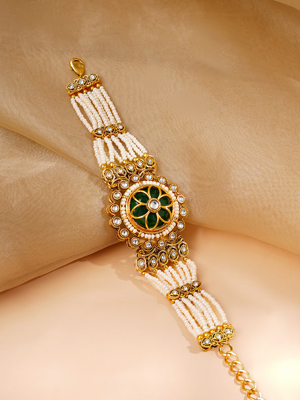 Gold Plated Pearl Beaded Kundan Emerald Floral Bracelet