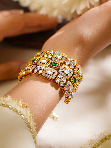 Gold Plated Cubic Kundan Emerald Bracelet