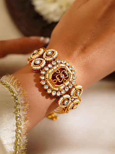 Gold Plated Pearl Beaded Multi Strand Kundan Ruby Centered Bracelet
