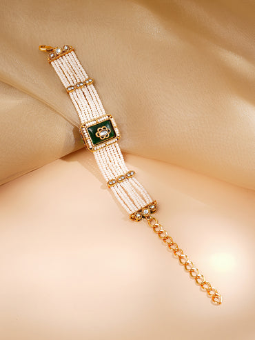 Gold Plated Pearl Beaded Multi Strand Kundan Green Cubic Bracelet