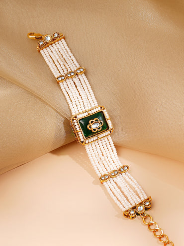 Gold Plated Pearl Beaded Multi Strand Kundan Green Cubic Bracelet