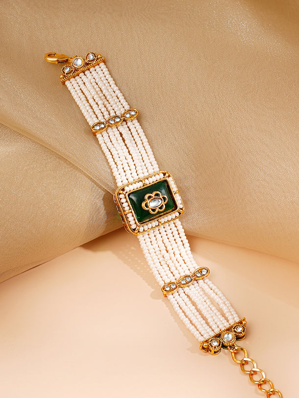 Gold Plated Pearl Beaded Multi Strand Kundan Green Cubic Bracelet