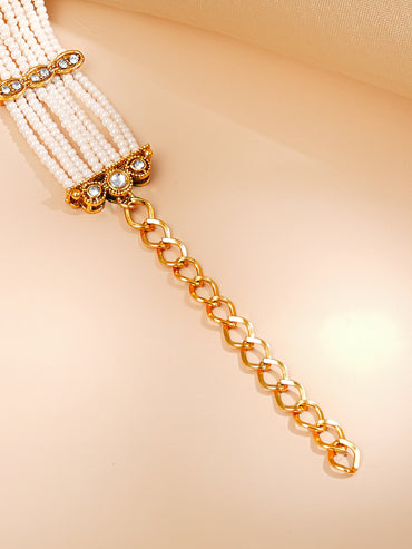 Gold Plated Pearl Beaded Multi Strand Kundan Green Cubic Bracelet