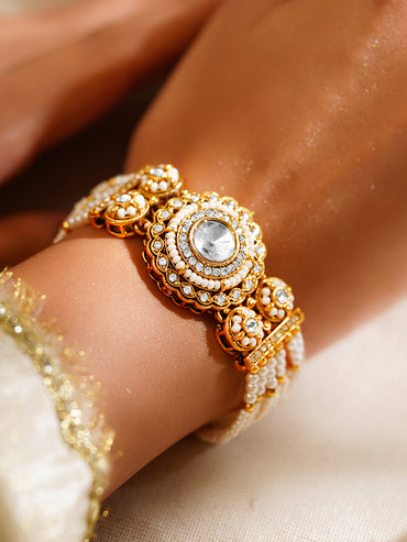 Gold Plated Pearl Beaded Multi Strand Kundan Bracelet