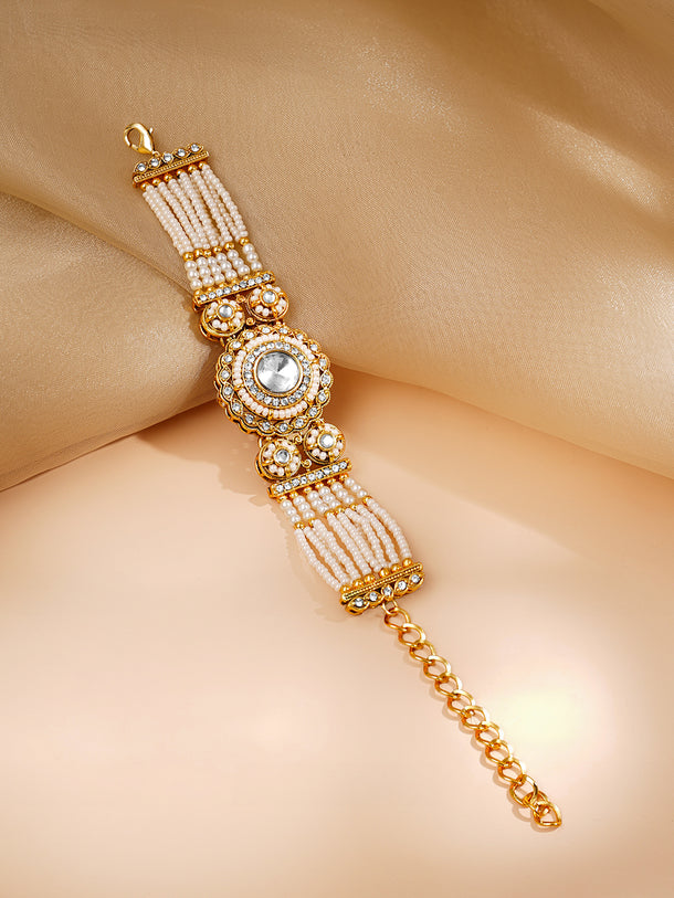 Gold Plated Pearl Beaded Multi Strand Kundan Bracelet