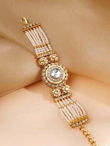 Gold Plated Pearl Beaded Multi Strand Kundan Bracelet
