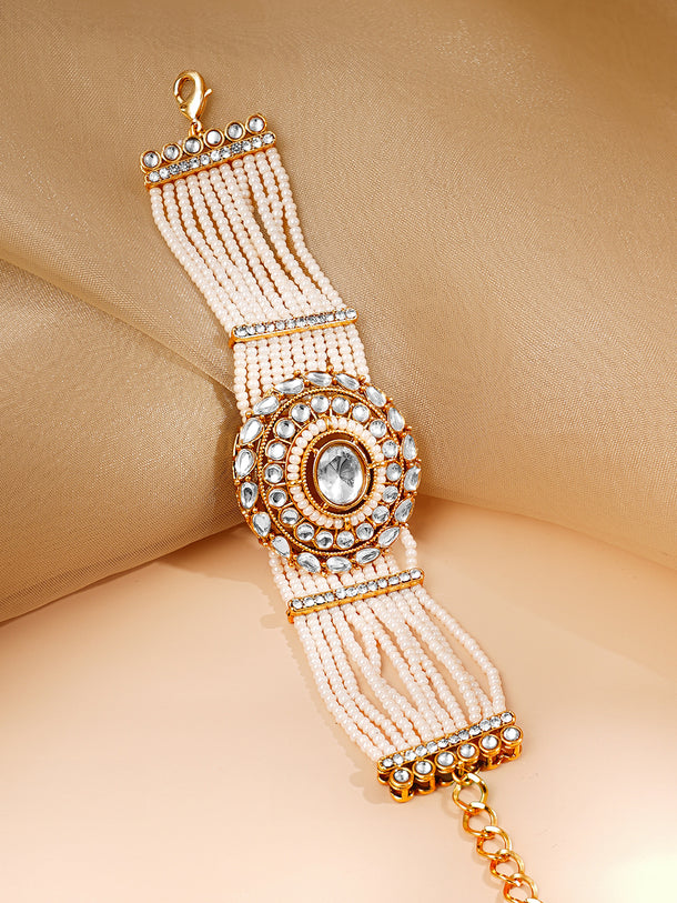 Gold Plated Pearl Beaded Multi Strand Kundan Bracelet