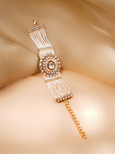 Gold Plated Pearl Beaded Multi Strand Kundan Bracelet