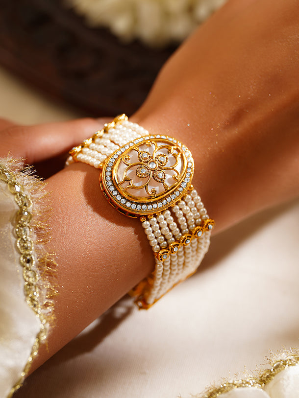 Gold Plated Pearl Beaded Multi Strand Kundan Bracelet