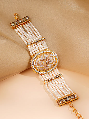 Gold Plated Pearl Beaded Multi Strand Kundan Bracelet