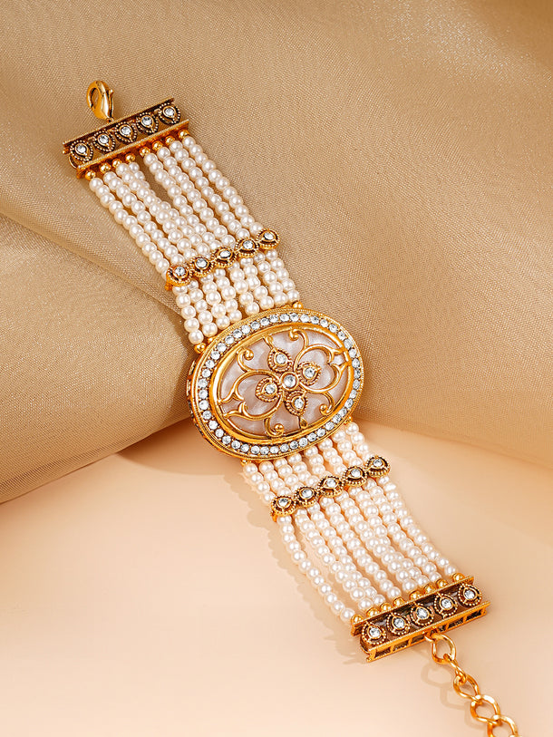 Gold Plated Pearl Beaded Multi Strand Kundan Bracelet