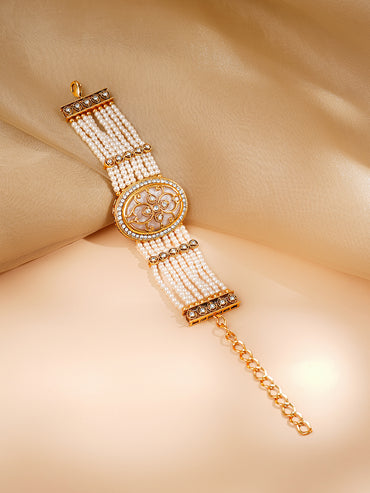 Gold Plated Pearl Beaded Multi Strand Kundan Bracelet