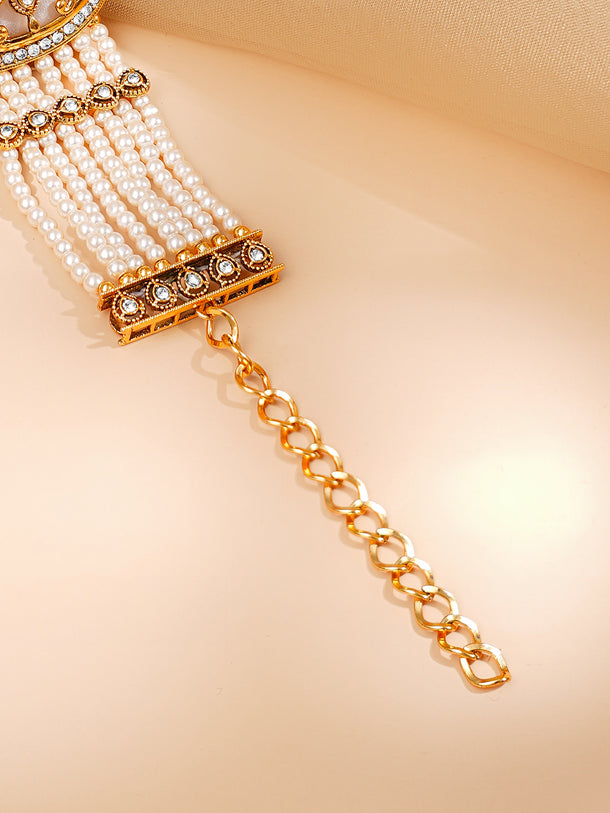 Gold Plated Pearl Beaded Multi Strand Kundan Bracelet