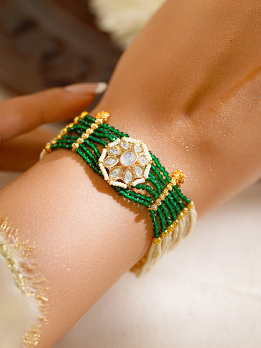 Gold Plated Pearl & Green Beaded Multi Strand Kundan Bracelet